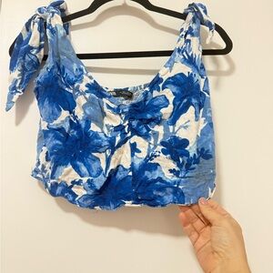 Zara Linen Blue and White Floral Crop Top